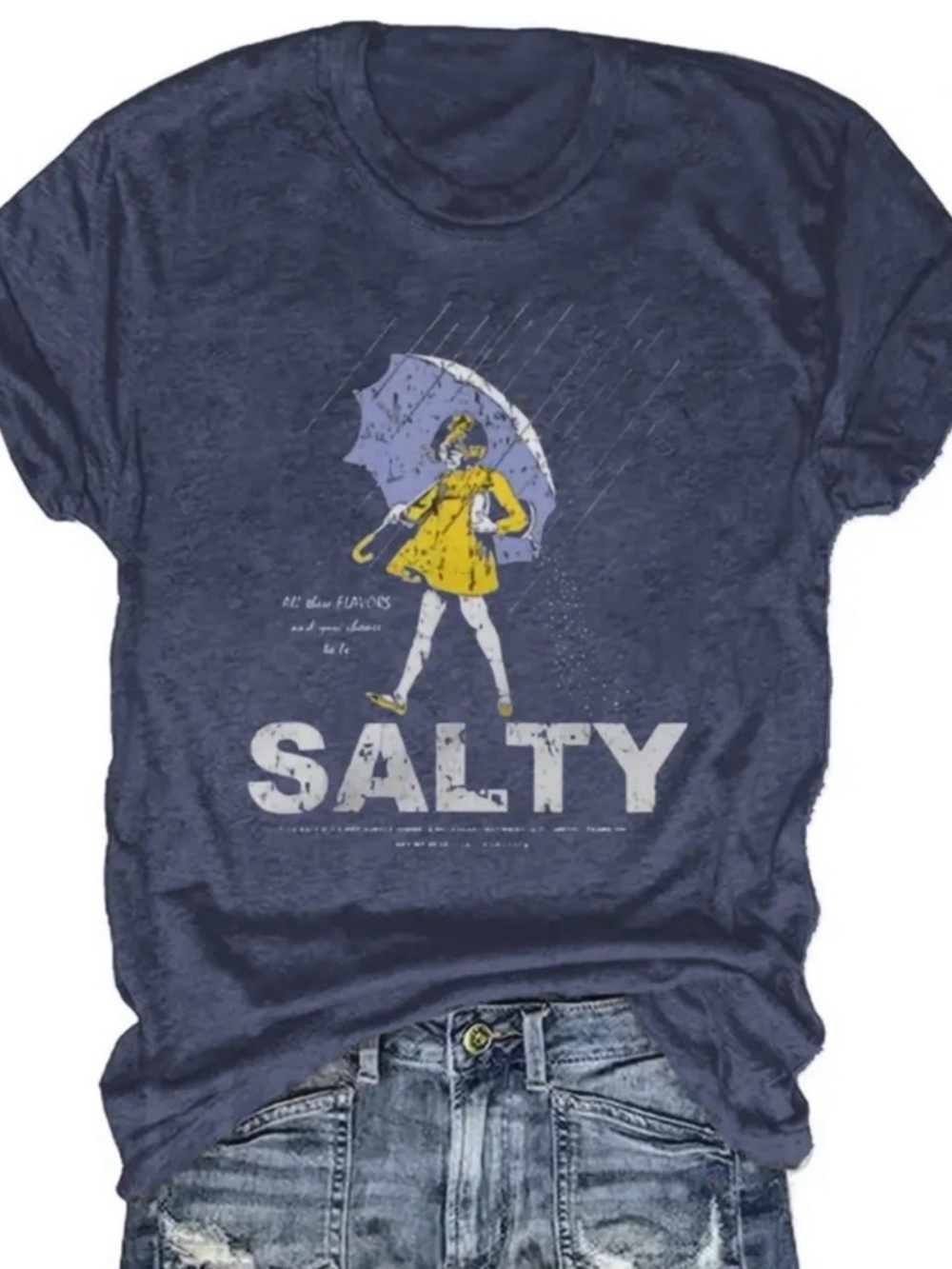 Salty Morton Salt Girl Parody Ironic Distressed Navy Blue Graphic Tee Shirt XL